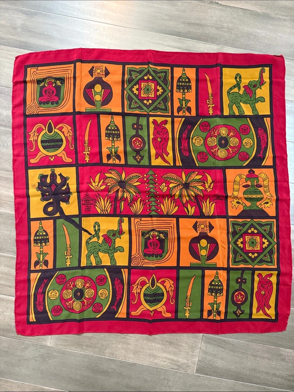 Vintage Doncaster 100% Silk Scarf – Vibrant Red Multi-Color Ethnic/Tribal Print